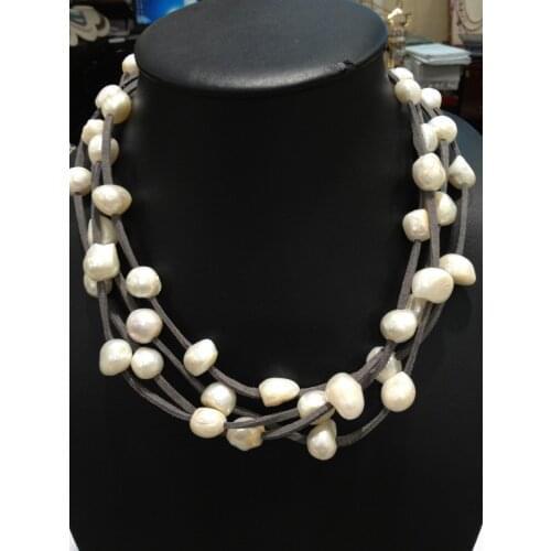 Leather Pearls Necklaces Freshwater Pearls Necklaces Baroque Multilayer Magnet Clasp Free Shipping Women Jewelry Grey Leather