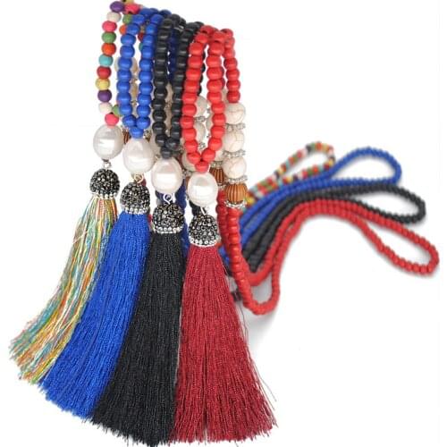 Womens Boho Pearl Diamond Silk Necklace Beaded Tassel Turquoise Sweater Chain