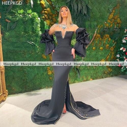 2021 Long Sleeves Black Prom Dresses Exquisite Crystals Sheer Side Slit Women Pageant Party Dress Mermaid Prom Gowns