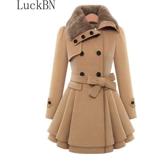 Women Wool Cashmere Velvet Warm Thick Blends Plus Size Long Jackets Woolen Overcoat Fashion Double-Breasted Slim Woolen Coats