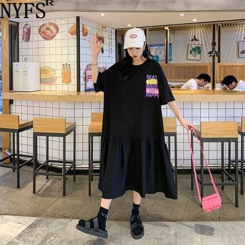 NYFS 2021 Summer Dress Korean New Loose Printing Woman Dress Vestidos Robe Elbise Fashion Short Sleeve Big Hem Dresses
