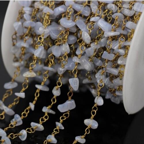 5Meter Blue agate Chip Beads Link Rosary Chains,Blue chalcedony with Gold Wire Wrapped Chain Necklace bracelet Jewelry Findings