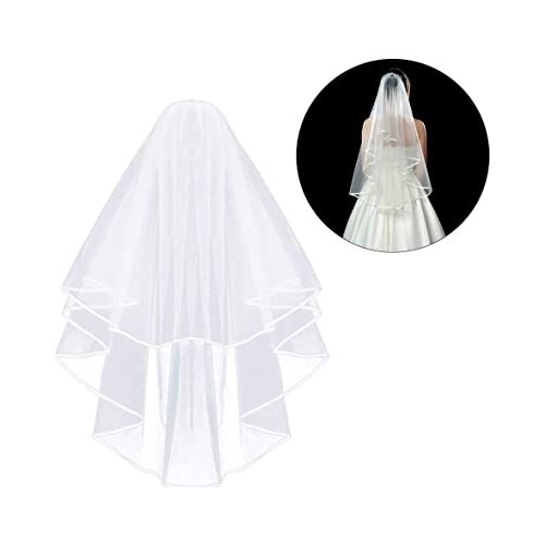 White Double Ribbon Edge Center Cascade Bridal Wedding Veil with Comb 2023