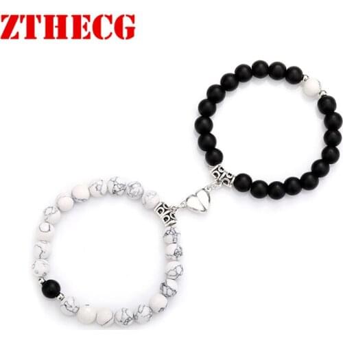 2021 Fashion 2pcs/set Natural Stone Beads Yoga Bracelet For Lovers Distance Heart Magnet Couple Bracelets Friendship Jewelry