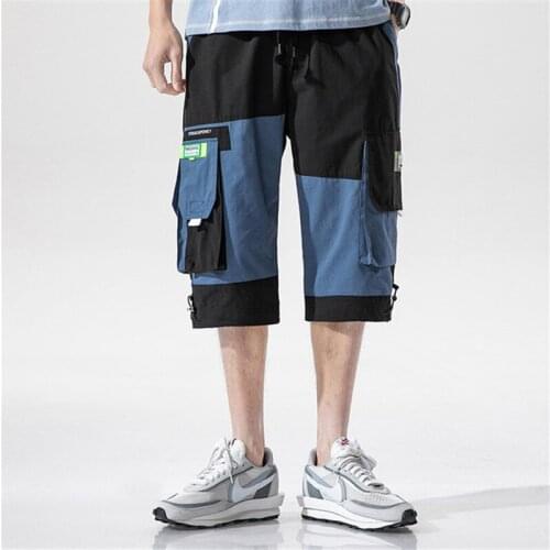 Summer New Mens Cargo Pants Quality Brand Men High Street Cotton Trousers Drawstring Straight Calf-Length Pants Male