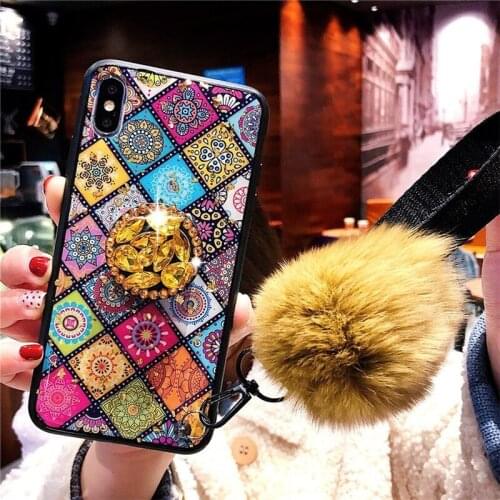 For iPhone 12 11 XR XS Retro Plaid Soft TPU Phone Case Rhinestone Holder Mobile Phone Cover For iphone 8 7 Plus X XS Girl Gift