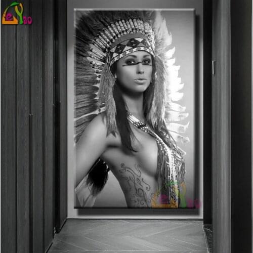 Black White Diamond Painting Cross Stitch Diamond Embroidery American Natives Indian Girl Full Square Diamond Mosaic Home Decor