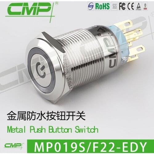 CMP 19mm Stainless LED Push Button Switch With 2NO2NC Lock power symbol