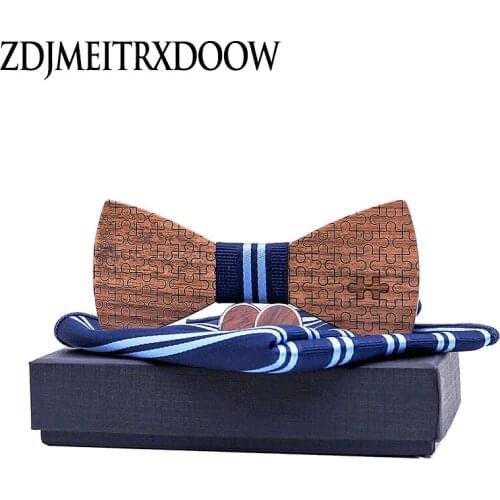 Wooden Bow tie Handkerchief Cufflinks Sets for Mens Suit Wooden Bow Tie Bowknots Jigsaw puzzle Wedding Party Christmas tie