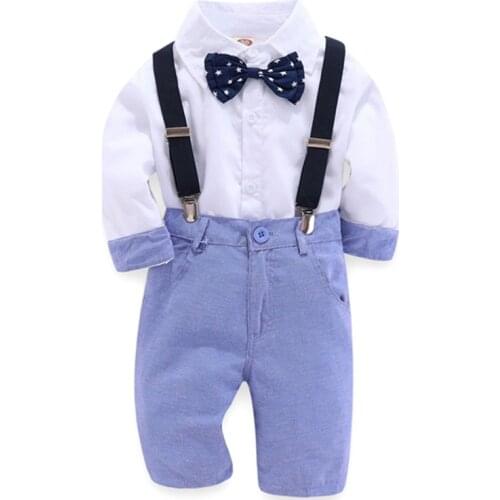 Kids Bow Tie Outfits Set Clothes Boy White Shirt + Blue Pants + Black Belt Suit Kindergarten Boy Dress Boy 2-6 Years