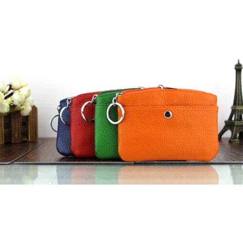 Genuine Leather Candy Color Ring Key Wallet Plus Big Size Coin Purse Bus Card Package Zipper Large Pocket Custom name logo