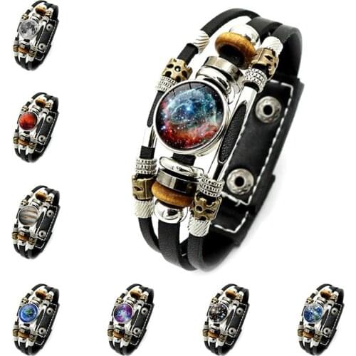 Galaxy Nebula Planet Punk Leather Bracelet Universe Solar System Snap Button Bracelet Handmade Multilayer Charms for Bracelets