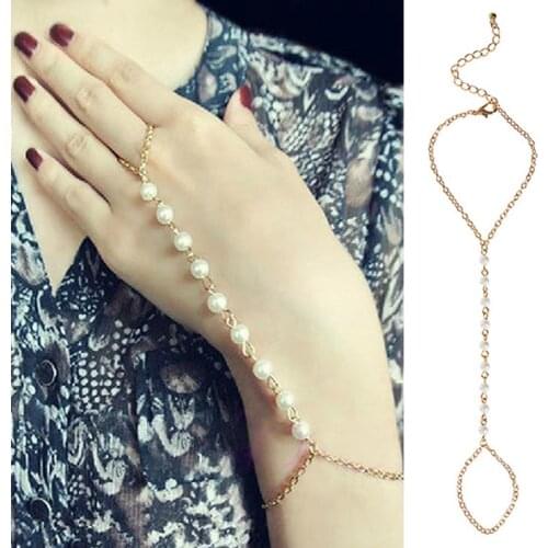 Fashion Women Girls Charms Wedding Bracelet Faux Pearl Link Finger Chain Hand Harness Bracelet Bangle Gift Jewelry