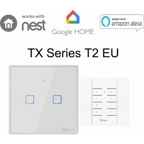 Sonoff T2 EU 2 Gang WiFi Wall Light Switch RF/APP/Touch Timer Panel IOS Android Remote ON/OFF Smart Home AutomationVoice Control