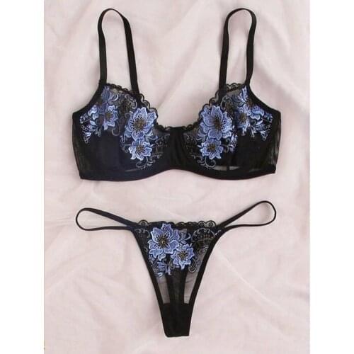 Underwear For Women Transparent Sexy Lingerie Set Floral Embroidery Lace Underwear Set Underwire Push Up Bra Underwear