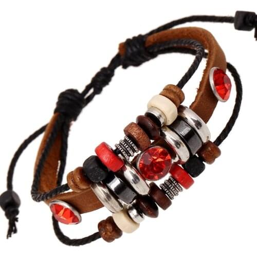 Gnova New Fashion Vintage Red Color Crystal Bead Women Retro Leather Bracelets Bangle For Girl