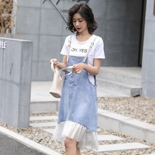 New Womens Mesh Patchwork Denim Hole Ripped Ruffled Dresses Sleeveless Suspender Slim Female A-Line Dresses Fashion Streetwear