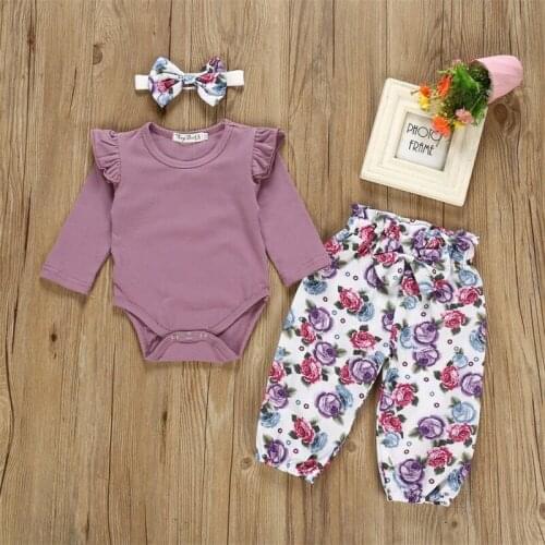 Pudcoco Newborn Baby Girl Clothes Fly Sleeve Cotton Romper Tops Flower Print Long Pants Headband Girls Outfits Clothes