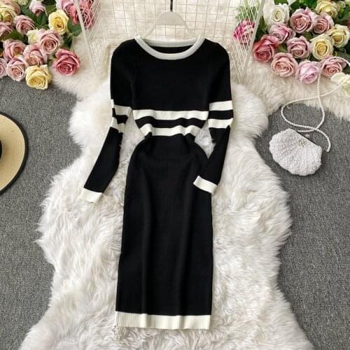 Autumn Spring Basic Knitted Sweater Dress Women Long Sleeve Two Stripes Stretchy Bodycon Slim Dress Ladies Office Dresses