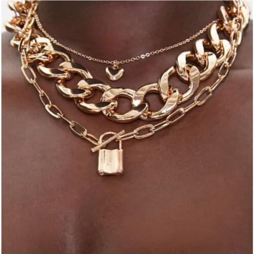 Retro Punk 3 Piece Set Multilayer Love Padlock Pendant Necklace Punk Cuban Thick Chain Necklace Jewelry Jewelry Gift 2021