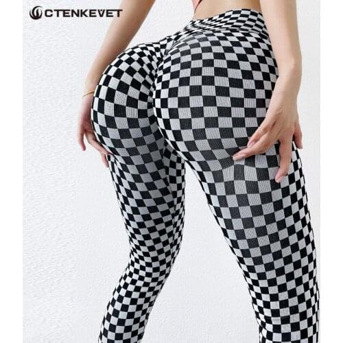 Sexy Plaid Seamless Sports Pants High Waist Push Up Leggings Gym Fitness Tights Womens Running Sweat-Absorbent Hip Leggings