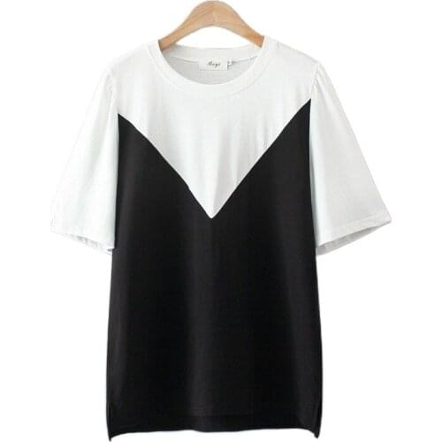 Plus Size XL-4XL Womens White Black Patchwork Tshirts Casual Short Sleeve Tops Vintage A-line Shirts