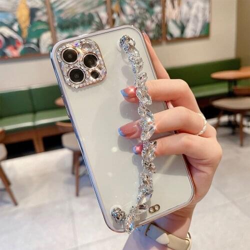 Luxury Electroplate Glitter Camera Protective Clear Phone Case for iPhone12 Pro Max 11 XR 7 8Plus with Diamond Bracelet Cover