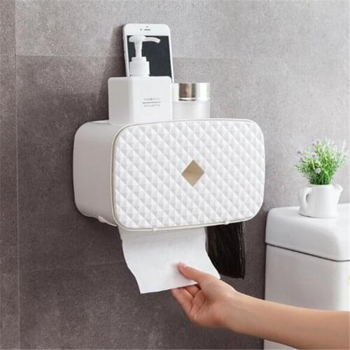 Self-Adhesive Roll Paper Storage Holder Wall Mount Toilet Paper Roll Tissue Box Holder Bathroom Organizer With Storage Shelve