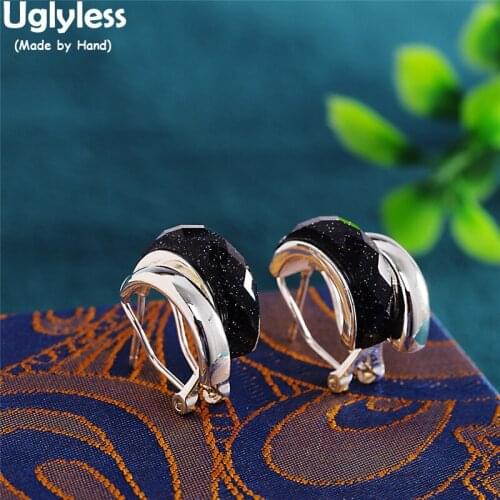 Uglyless Curved Blue Sand Stones Earrings for Women Real 925 Silver Studs Earrings Faceted Gemstones Brincos Spliced Ear Clasps