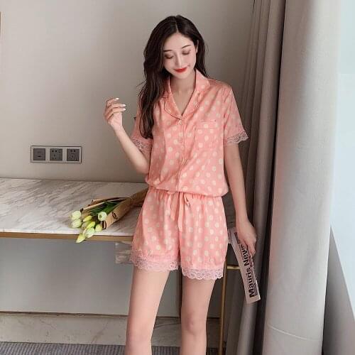 Sweet pink polka dot Shorts Pajamas Sets Women Korea Elegant Satins ice Silk Short Sleeves casual Pyjamas Women Sleepwear