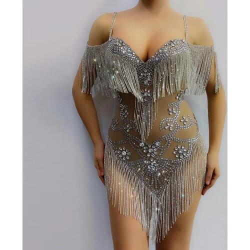 Sexy Mesh Pearls Crystals Chains Dresses for Women See Through Birthday Party Celebrate Costumes Nightclub Party Fringes Outfits