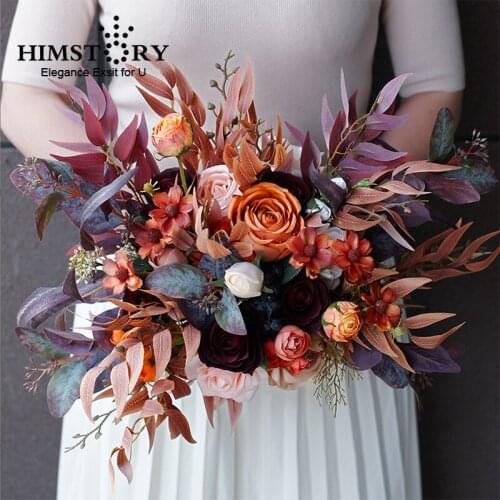 HIMSTORY Retro Dried Artificial Bridal Flowers Silk Eucalyptus Wedding Bouquets Bigger Floral Leaves Bunch Hand Holders Accessor