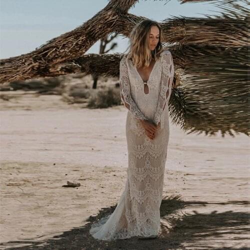 Vintage Mermaid Wedding Dresses Boho Backless Long Sleeves Lace Bohemian Bridal Gowns Beach Country Style Vestidos De Noiva 2021