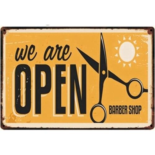 Vintage We Are Open Barber Shop Metal Tin Sign 8x12 Inch Retro Home Kitchen Cafe Office Bar Pub Shop Art Wall Decor