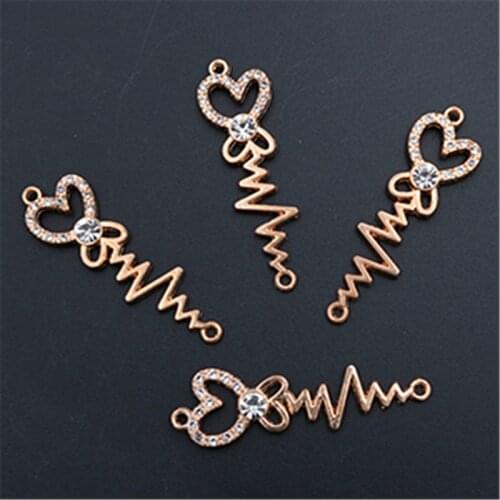 WKOUD 6pcs handmade rhinestone kc gold ECG heart-shaped scepter charm fashion DIY metal jewelry alloy connectors A1373