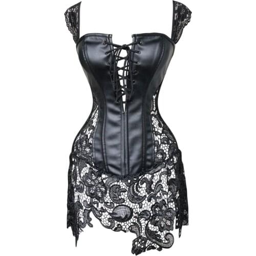 XXXXXL 6xl plus size Sexy Leather Corset Skirt Black Fake Leather Lace Plus Size Dress Hollow up corset dress burlesque costume
