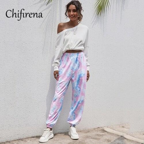 Chifirena High Waist Casual Women Cargo Pants Elastic Feet Sportywear Full Trousers Female Workout Loose Tie Dye Pocket Pants