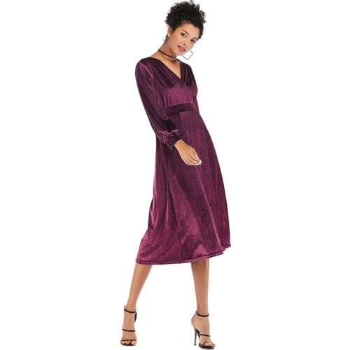 Neatie kiddie 2019 Autumn Winter Velvet Dress Elegant Long Sleeve V-neck Solid Wrap Dress Female Robes A-line High Waist Dress