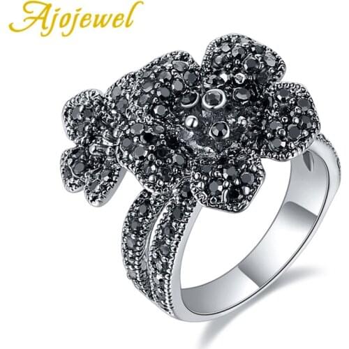 Ajojewel Brand Size 7-9 Vintage Double Flowers Ring Retro Black Rhinestone Flower Jewelry Copper Alloy