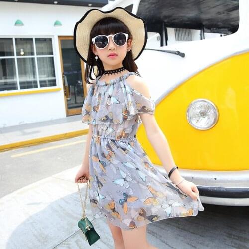 2020 New Girls Dress Summer Fashion Sleeveless Butterfly Printing Chiffon Casual Crew Neck Clothing 8 9 10 11 12 13 14 15 years