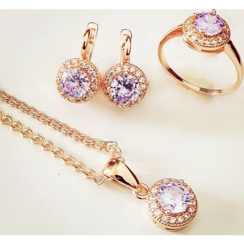2021 New Round Jewelry Sets 585 Gold Color Jewelry Purple New Fashion Necklace + Earring +Ring Jewelry Sets for Women