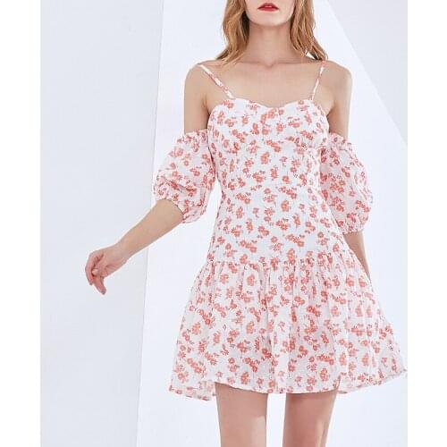 2021 Spring New Flower Print Women Dress Elegant Sexy Pleated Dresses 3241