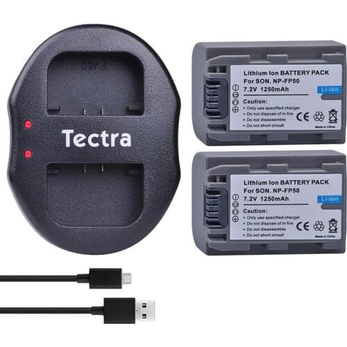 Tectra 2pcs NP-FP50 Camera Battery + Dual USB Charger for Sony DCR-HC30 40 43E 65 85 94E 96 DCR-SR30 40E 50E 60E 70E 80E 100