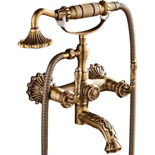 Antique Brass Carved Bathtub Faucet Bathroom Mixer Water Tap With Handheld Shower Dual Handle Bath Shower Faucets Wall Mounted