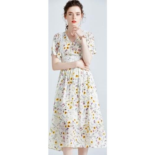 White Lace Print Yellow Floral Silk Dresses Women Fashion 2021 Summer Long Casual Sexy Office Work Daily Dress Plus Size Slim