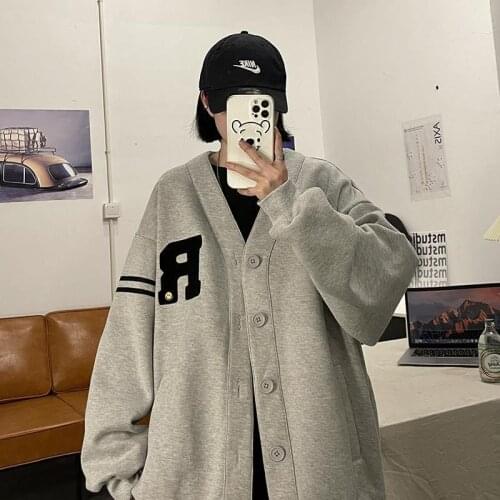 Harajuku baseball jacket couple v-neck coat 2021 autumn new high street hip-hop style retro loose casual couple cardigan jacket
