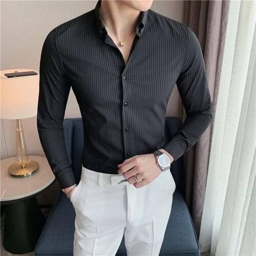 Plus Size 4XL-M Autumn New Business Formal Wear Dark Stripes Shirts Men Clothing 2021 Casual Simple Slim Fit Office Blouse Homme