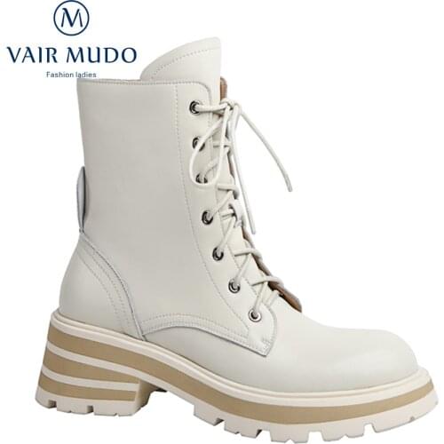VAIR MUDO Ankle Boots Shoes Martin Boot Women Thick Bottom Spring/Autumn Concise White Black Round Toe Patent Leather WM-X49