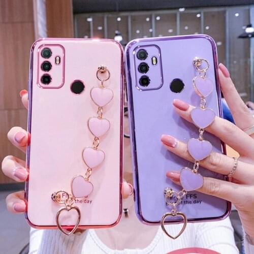 Wrist Bracelet Phone Case for Oppo A53 2020 Case Luxury Love Heart Chain Plating Cover Capa oppo A53S A32 A53 2020 Soft silicone