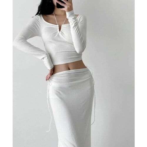 Women Halter Neck Ruched Crop Top With Tie Detail & Ruched Maxi Pencil Skirt Set With Back Split S981